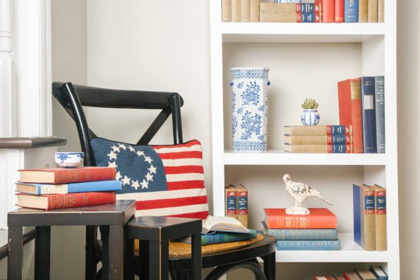 Patriotic red, white, and blue decor using books. 